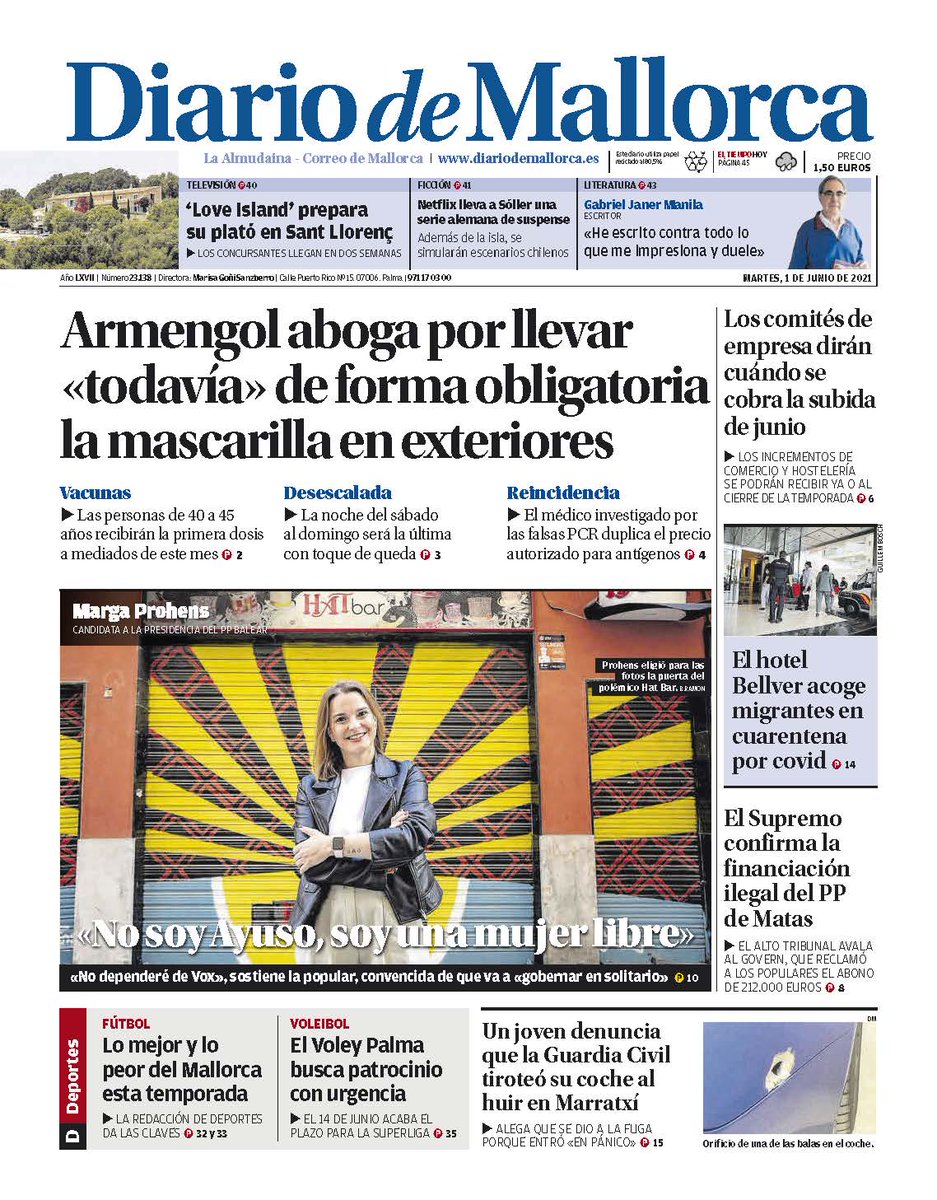 El día después del toque de queda es la preocupación de las portadas del martes: la policía controlará los botellones y Armengol aboga por llevar «todavía»  mascarilla en exteriores

Compra prensa local. Tú no puedes estar informado sin ellos. Ellos no pueden vivir sin ti.