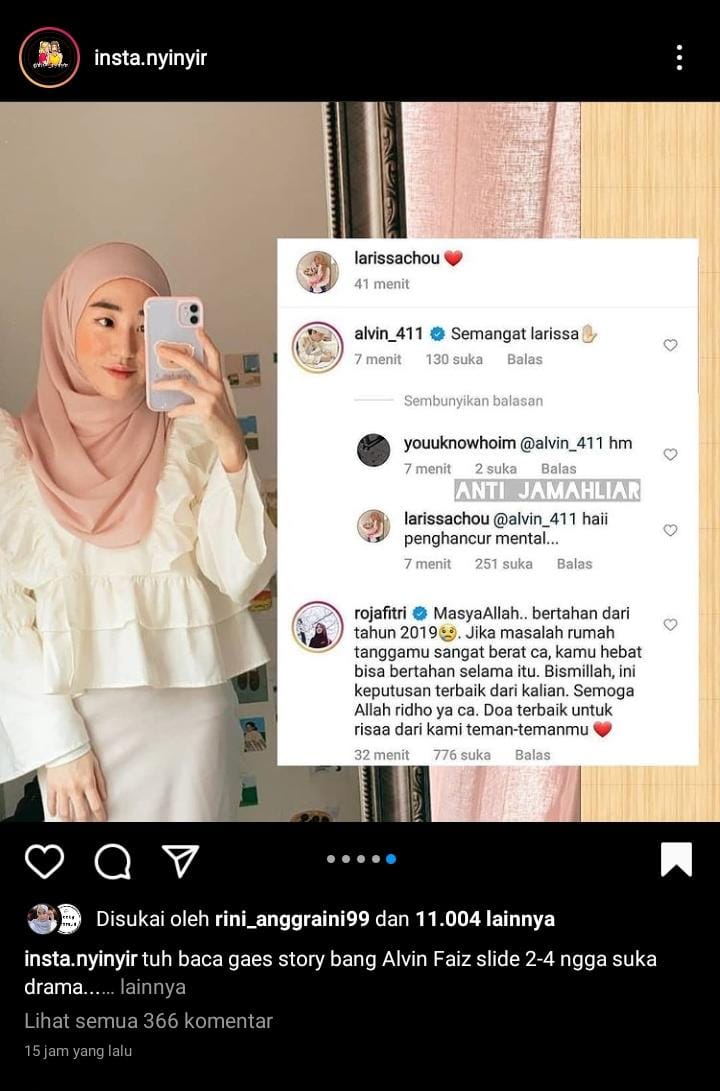 Komentar Larissa Chou di Instagram menyebut Alvin Faiz sebagi sosok penghancur.
