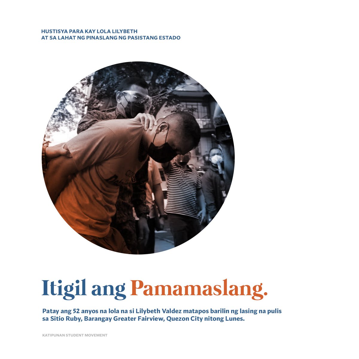 Sa lumalalang kaso ng karahasan at impunity, tunay lamang na nailalantad ang mukha ng kapulisan at ng rehimeng Duterte, anti-mamamayan, at mapaniil. Sila ang tunay na terorista.

Sama-sama nating ipanawagan ang hustisya.

#EndImpunity
#EndPoliceBrutality
#WakasanAngRehimen