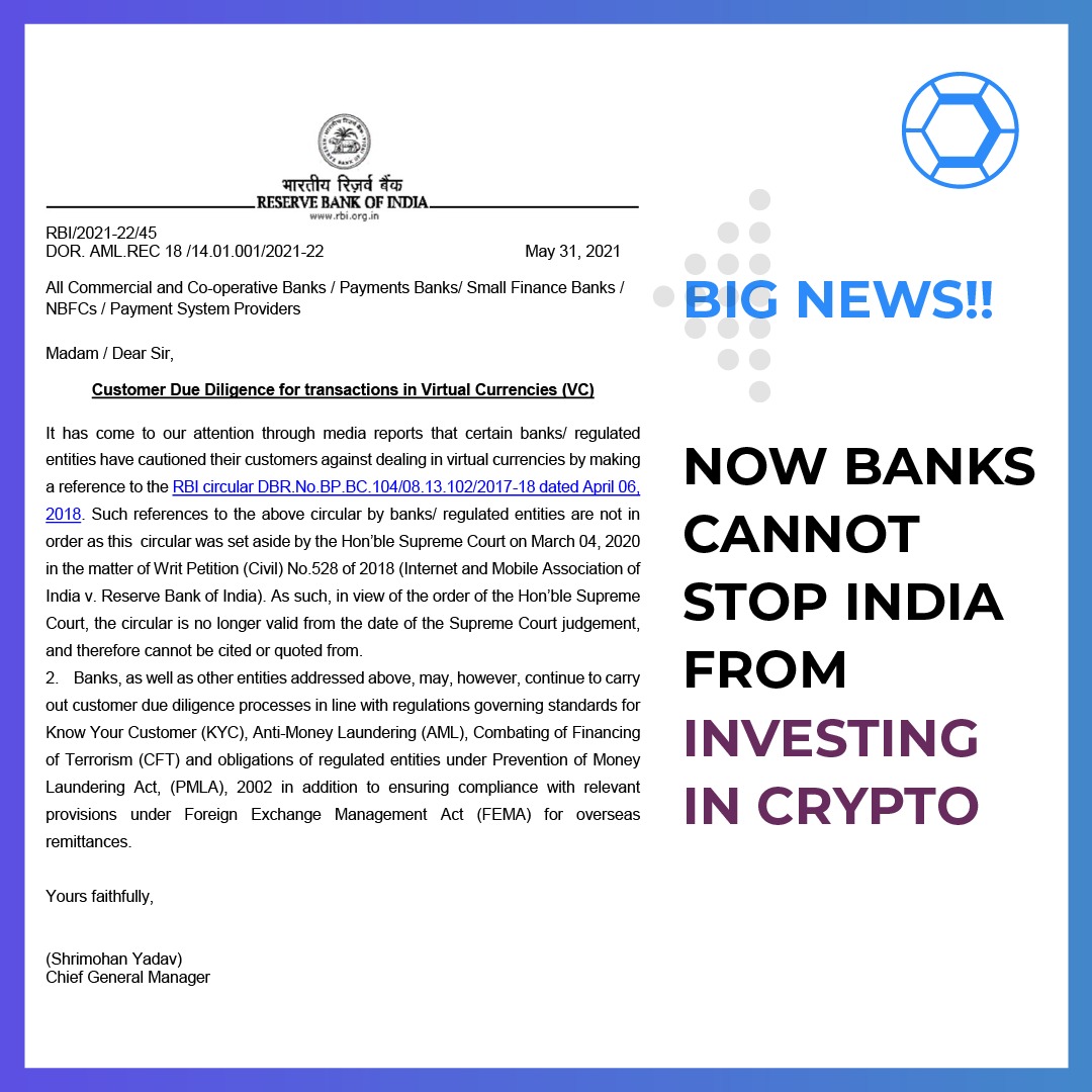 digitxindia's tweet photo. RBI’s latest circular comes as a great breakthrough for cryptocurrency exchanges and investors. RBI has clarified that its earlier order has been quashed by the Honourable Supreme Court and banks are not to deny cryptocurrency transactions; https://t.co/gKJNicTEcF