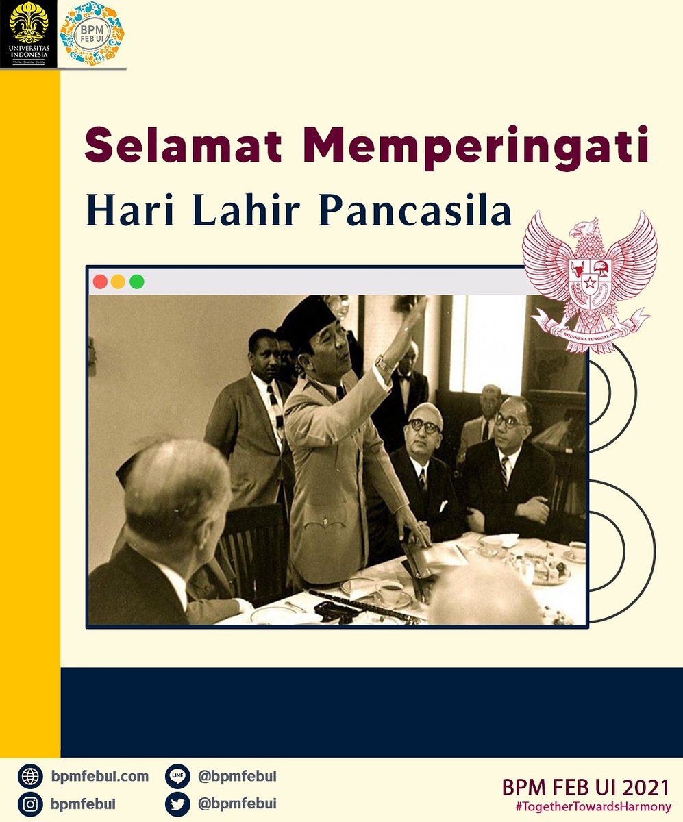 [ SELAMAT HARI LAHIR PANCASILA ]

Di Hari Lahir Pancasila, mari kita jaga toleransi, integrasi dan sinergritas di tengah kemajemukan yang ada.
Sebab Indonesia milik kita semua, milik rakyat, dan bangsa Indonesia.

BPM FEB UI 2021
#TogetherTowardsHarmony