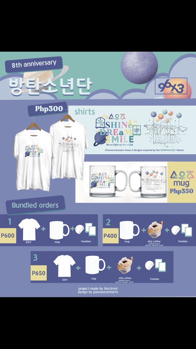 96x3mnl's tweet photo. FESTA SEASON IS FINALLY HERE!!!!

We are excited to launch this shine dream smile project event for BTS' 8th Anniversary! Avail now these limited items to celebrate on June 13! we are only accepting pre-orders until June 7! 

feel free to message us for orders and inquires. https://t.co/WSp3f4Pjrx
