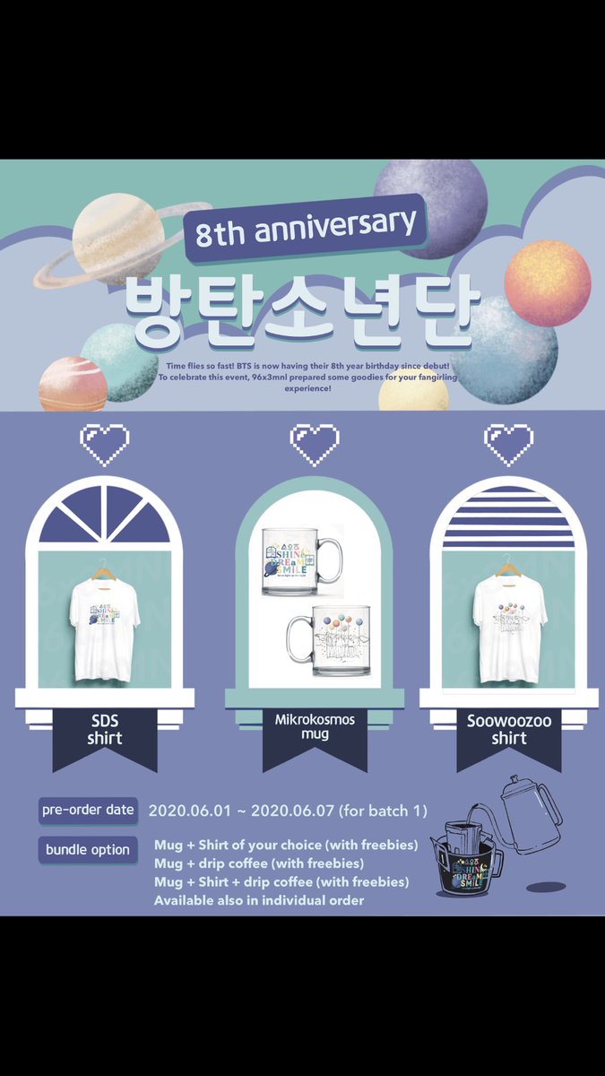 96x3mnl's tweet photo. FESTA SEASON IS FINALLY HERE!!!!

We are excited to launch this shine dream smile project event for BTS' 8th Anniversary! Avail now these limited items to celebrate on June 13! we are only accepting pre-orders until June 7! 

feel free to message us for orders and inquires. https://t.co/WSp3f4Pjrx