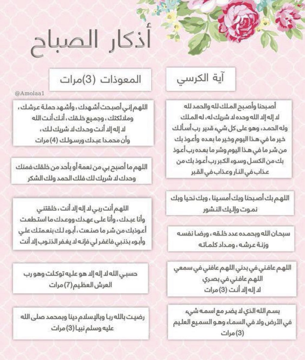 إنّ أصلب الدروع وأقواها درع 
أذكار الصباح والمساء🤍
 فكيف للضرر أن يأتيك ؟ 
وكيف للمكروهِ أن يُصيبك ؟ 
ومن أين يدخل قلبك الخوف ؟ 
وأنت قد استعنت بالله وتوكّلت عليه وفوّضت أمور يومِك كلها له إن كنت صادقًا مخلصًا ، فحاشاه ألّا يحفظك من كل الشرور