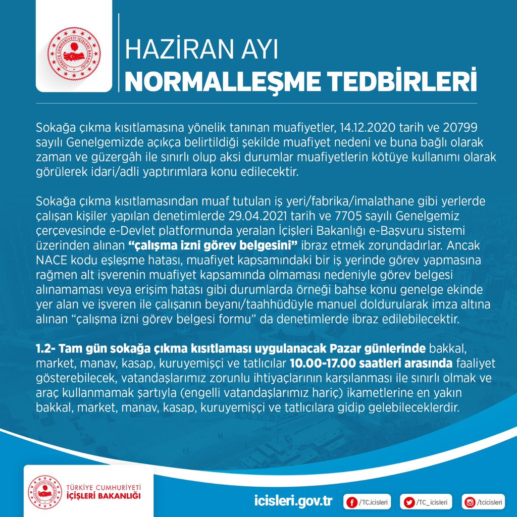 tcagrivaliligi's tweet photo. ⚠️ÖNEMLE DUYURULUR⚠️

1️⃣Koronavirüs ile mücadele kapsamında, İçişleri Bakanlığımızca gönderilen Haziran Ayı Normalleşme Tedbirleri Genelgesi kapsamında;

▪️Sokağa Çıkma Kısıtlaması

➡️https://t.co/bMmyFKoodD https://t.co/CdBpLvMWOH