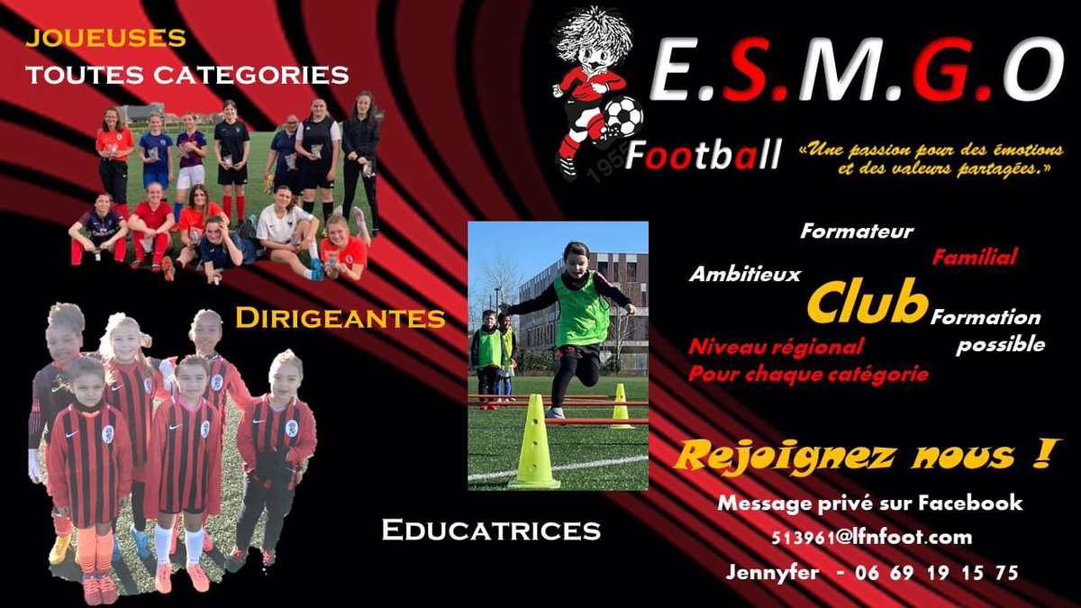 EsmgoFootball's tweet photo. Recherche de dirigeants ou éducatrices pour les u15F

Pour les U18F contact Émilie Thune  06 17 38 09 46
Pour les U15F contact Jennyfer Duval  06 69 19 15 75 
Pour les U13F contact  Séverine 06 13 89 13 77

Et pour l’école de foot contact Cyril Prigent  06 32 20 07 72 
#ESMGO🔴⚫️ https://t.co/UYSGz5Qic1