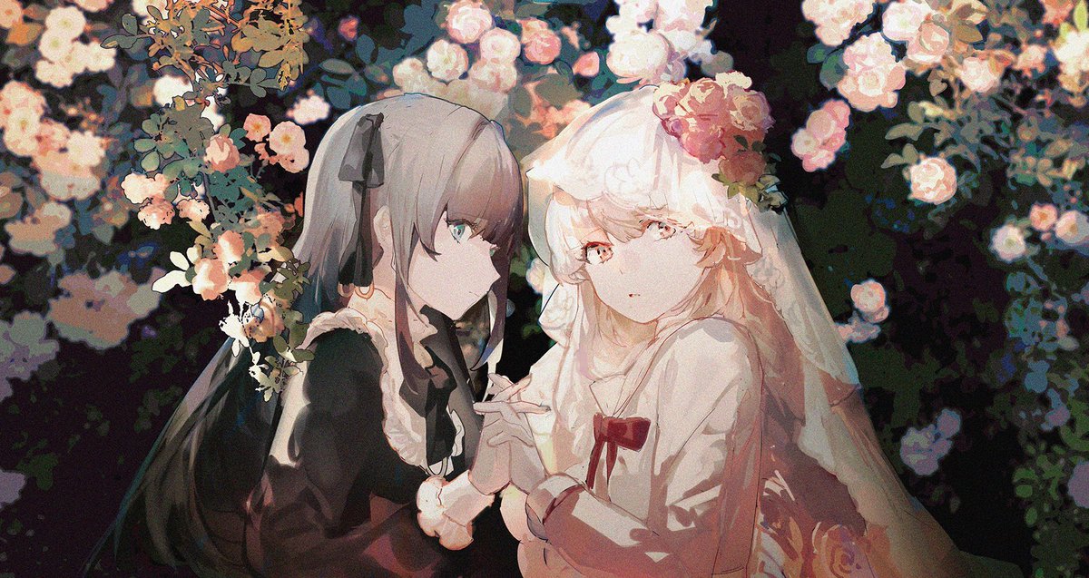 multiple girls 2girls long hair flower dress veil holding hands  illustration images