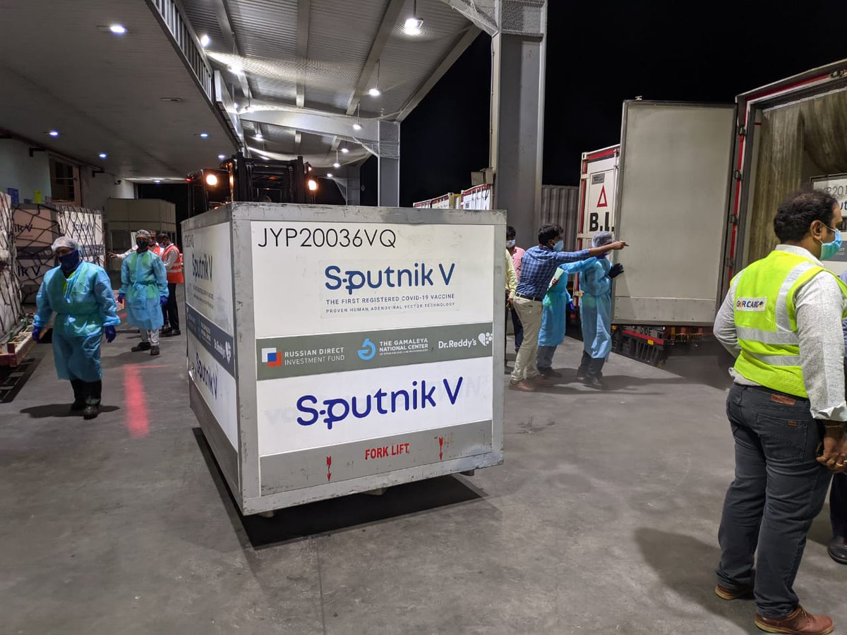 sputnikvaccine's tweet photo. A new batch of #SputnikV vaccine arrived in India to help the country fight #COVID19 pandemic. More cities in #India wil be joining Sputnik V vaccination campaign.✌️ https://t.co/RYzo1b6Zn7