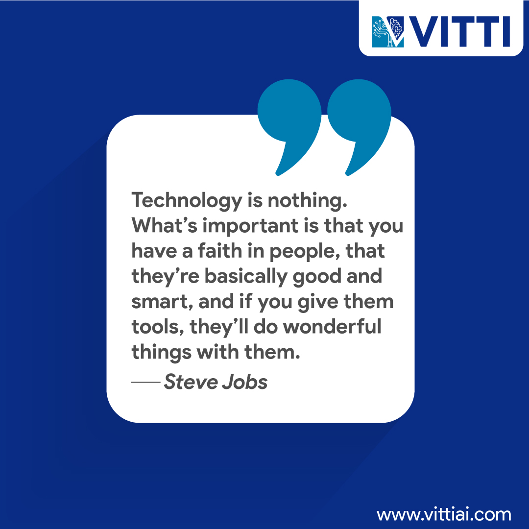Vitti_AI's tweet photo. “Technology is nothing. What’s important is that you have a faith in people, that they’re basically good and smart, and if you give them tools, they’ll do wonderful things with them.” 

– Steve Jobs

#Vitti #Ai #Quote #Motivation #Innovation #Inspiring #artificialintelligence https://t.co/hBr2dWdNo1