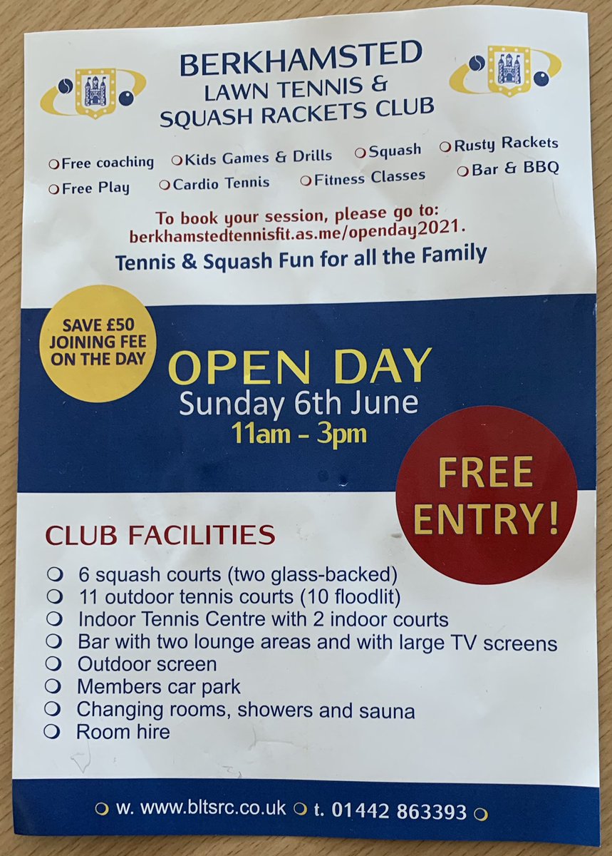 BerkoSquashRbll's tweet photo. Live or work in #Berkhamsted area? Could be tempted to try tennis, squash or racketball?Or pick up a racket again if not played 4ages?Visit our #ClubOpenDay this w/e
🗓Sun 6th June
⏱11am-3pm
🆓try b4 u buy
🎾(new) rackets & balls provided
🍻bar open
🌭BBQ lit
🤗everyone welcome! https://t.co/pXPhmTcIJd