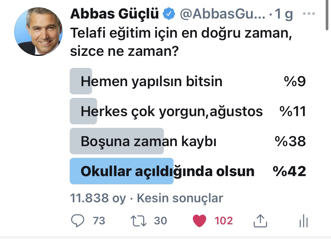 Arada bir de olsa, öğretmen,öğrenci,veli ne düşünüyor diye,keşke onların görüşlerini de dikkate alabilsek.
Aşağıdaki anket sonuçlarında abartı var mı?Kesinlikle hayır!
Akşam karar verip,sabah okul açmakla eğitimde yol alınmaz, alınsa da bunun adı eğitim olmaz!
Ne olur biraz özen!