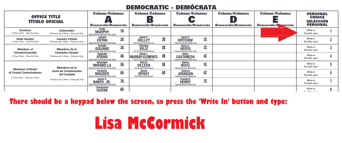 LisaMcCormickNJ's tweet image. #WriteMeIn for governor
Select "PERSONAL CHOICE" and type in "LISA McCORMICK" on the same line where it says "GOVERNOR"

For details, study your sample ballot, ask the board workers or contact your local office on this list&amp;gt;&amp;gt;&amp;gt;
nj.gov/state/election…