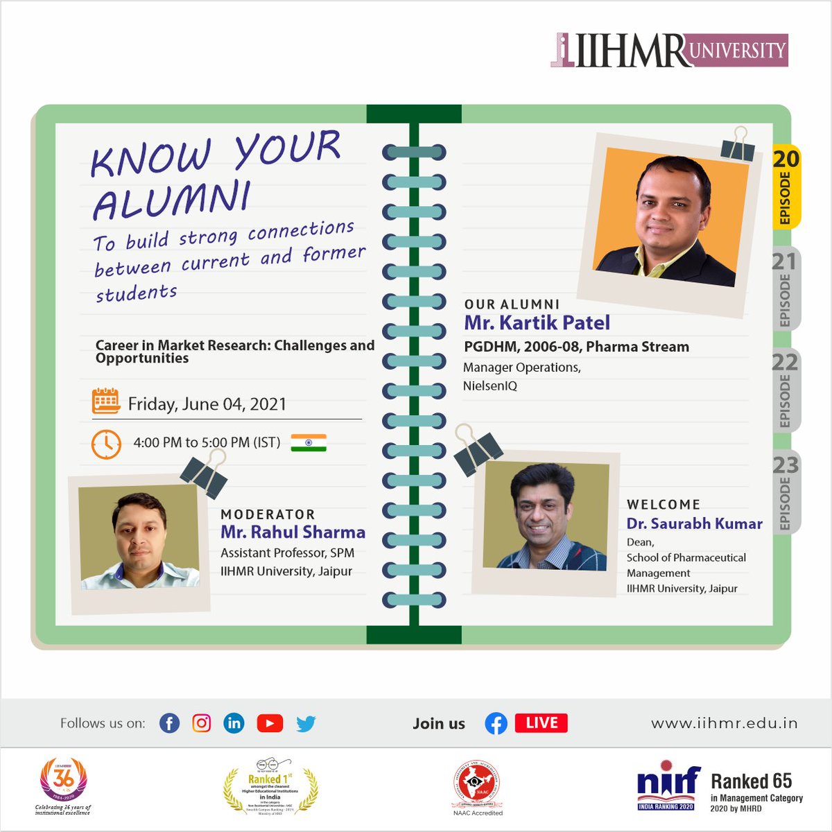 IIHMRUniversity's tweet photo. #IIHMRUniversity takes the lead to organize a series of #KnowYourAlumni specially curated for the students to build strong connections.

The session topic is '#Career in #MarketResearch : Challenges and Opportunities'.

Date: June 4, 2021
Time: 4 - 5PM

#AlumniConnect https://t.co/gDYhPTiHC8
