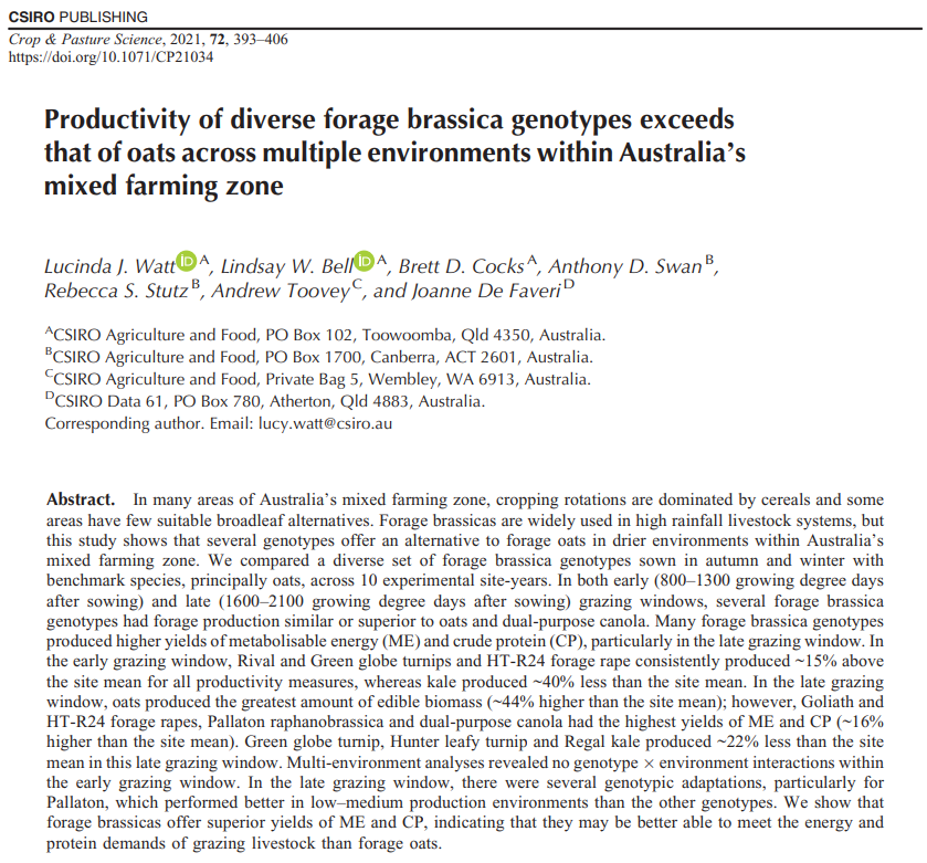 LucyWatt5's tweet photo. Multi-environment study shows high potential for diverse forage brassica genotypes across Australia's mixed farming zone. Paper just published (Open Access) https://t.co/VtUddrynW0 @lindsaywbell @tony_swan64 @CocksBrett  @meatlivestock https://t.co/5k9Zugogul