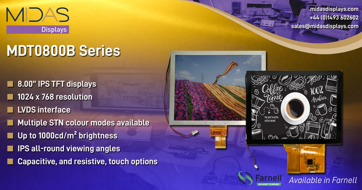 MidasDisplays's tweet photo. Looking for an 8” TFT with IPS all-round viewing angles? 🤔
Our MDT0800B series is available online through distribution partner @Farnell_Avnet 👉 https://t.co/bH9nivNgqE
Check out full specifications on our website 👉 https://t.co/1LTuoatfun
#DisplaySolution #TFT #IPSTFT https://t.co/sjEVl9v1k4