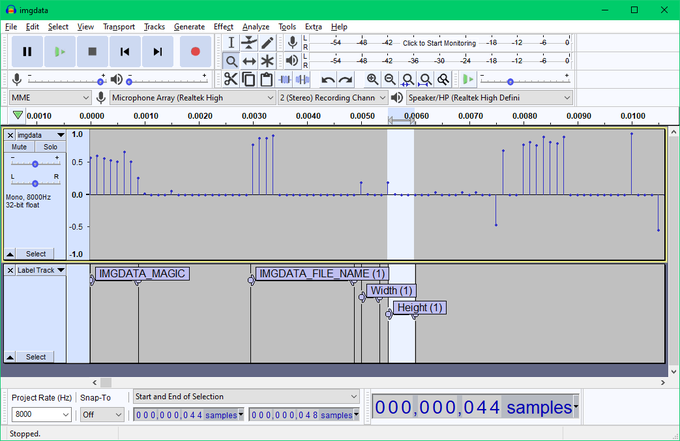 Screenshot of Audacity being used to tag data fields.