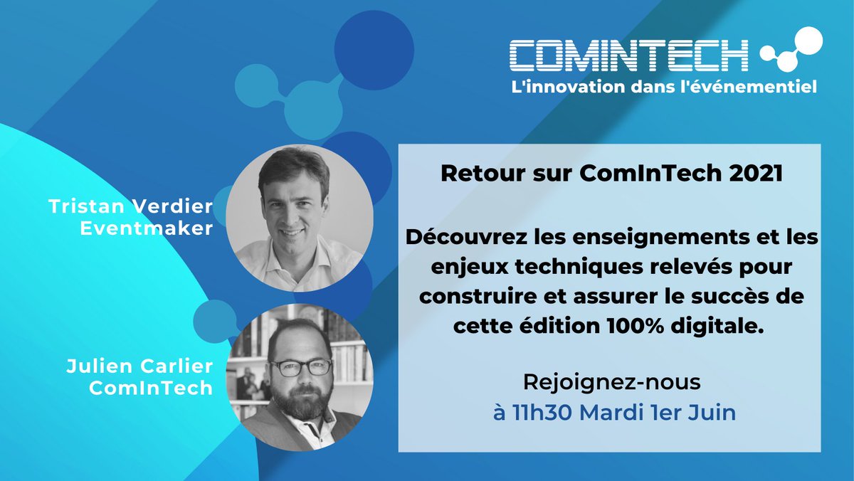 #eventsprofs Rendez-vous à 11h30 pour revenir sur les clés du succès de l'édition 100% digitale de <a href="/ComInTech_FR/">ComInTech - l"innovation dans l'événementiel</a> avec <a href="/juliencarlier/">Julien CARLIER</a> et <a href="/Eventmakerio/">Eventmaker</a>  
Inscription ici => lnkd.in/d5NYMm7