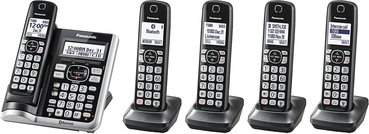 abuot= amzn.to/3fFI7oq

#PHONE 
Panasonic Link2Cell Bluetooth Cordless Phone System with Voice Assistant, Call Blocking and Answering Machine. DECT 6.0 Expandable Cordless System - 5 Handsets - KX-TGF575S (Black with Silver Trim)
