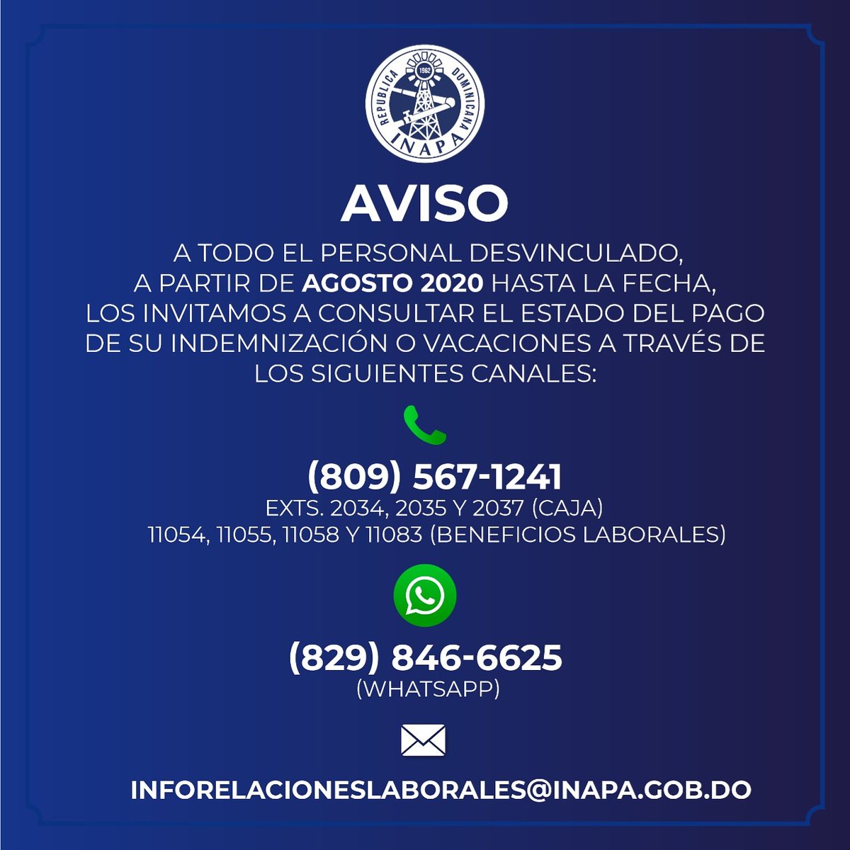 INAPA_RDGOB's tweet photo. #InapaInforma https://t.co/UW25gk7psE