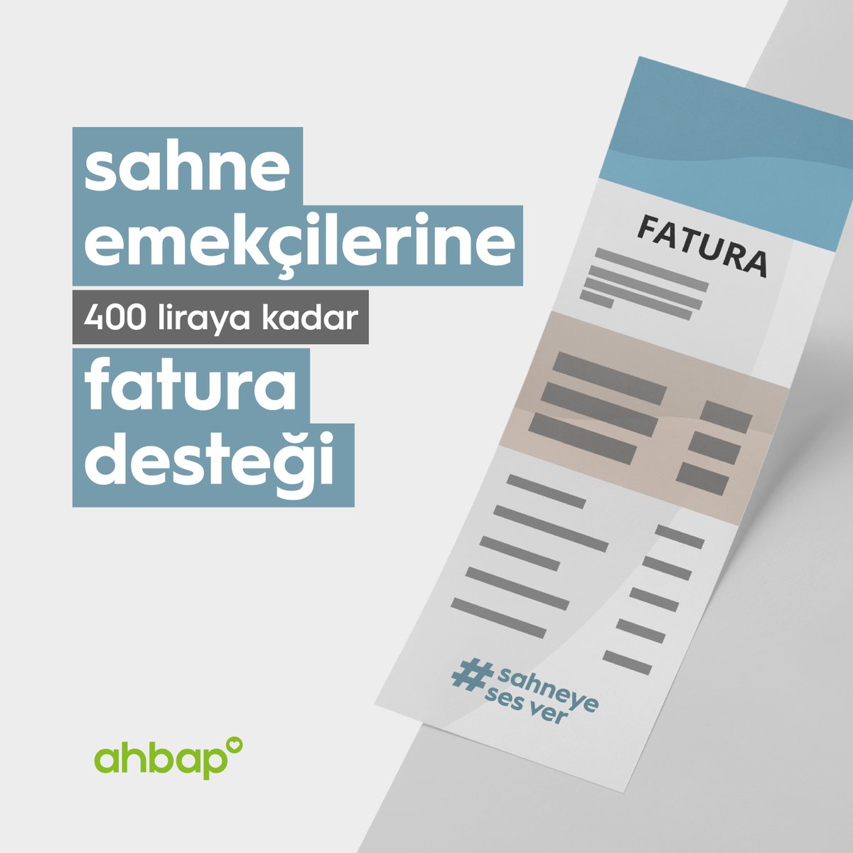 Pandemi döneminde çalışamadığı için sıkıntılı günler geçiren müzisyen ve sahne emekçilerine destek olabilmek adına, toplamda 400 ₺'ye kadar olan elektrik, su ve doğal gaz faturalarını karşılayacağız.

Başvuru için: ahbap.org/yardim/237d300d
