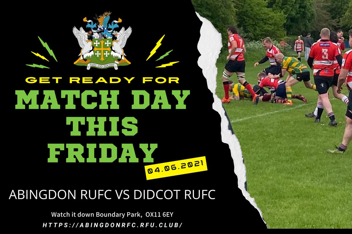 Last game of the season!🏉 Didcot RUFC vs Abingdon RFC Location : Boundary Park OX11 6EY Kick off : 19:30 Contact match with adapted RFU rules with scrums and mauls exempt. Good luck to the men in green and gold!! #matchday #rugby #rugbyunion #abingdonrugby #abingdon #match