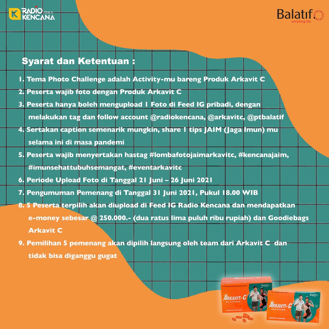 Mitra Kencana, yuk ikutan Photo Challenge “JAIM” (Jaga Imun) with Arkavit C.
caranya gampang banget, kalian mesti foto aktivitas kalian bareng produk arkavit-c, nah buat lebih jelas syarat dan ketentuannya, geser dong di slide ke-2 ✨
Ikutan yuk, sapa tau kalian beruntung!!