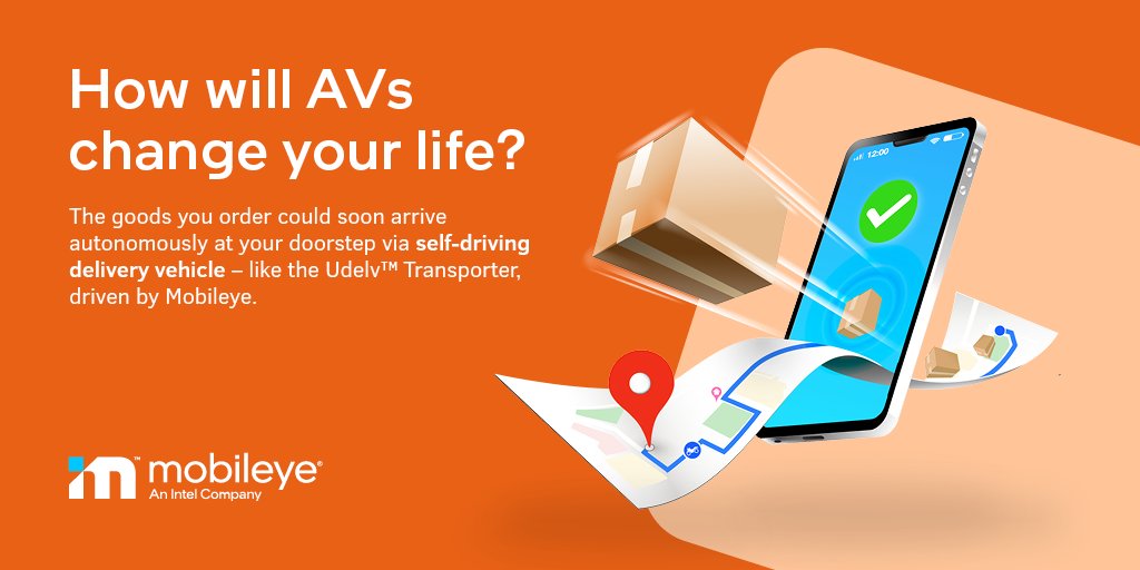 Mobileye's tweet photo. From #rideshare trips in #selfdriving vehicles to ordered goods arriving autonomously at your doorstep, check out how AVs could change your life👇

#AutonomousVehicleDay https://t.co/XLCwNQ1rvC