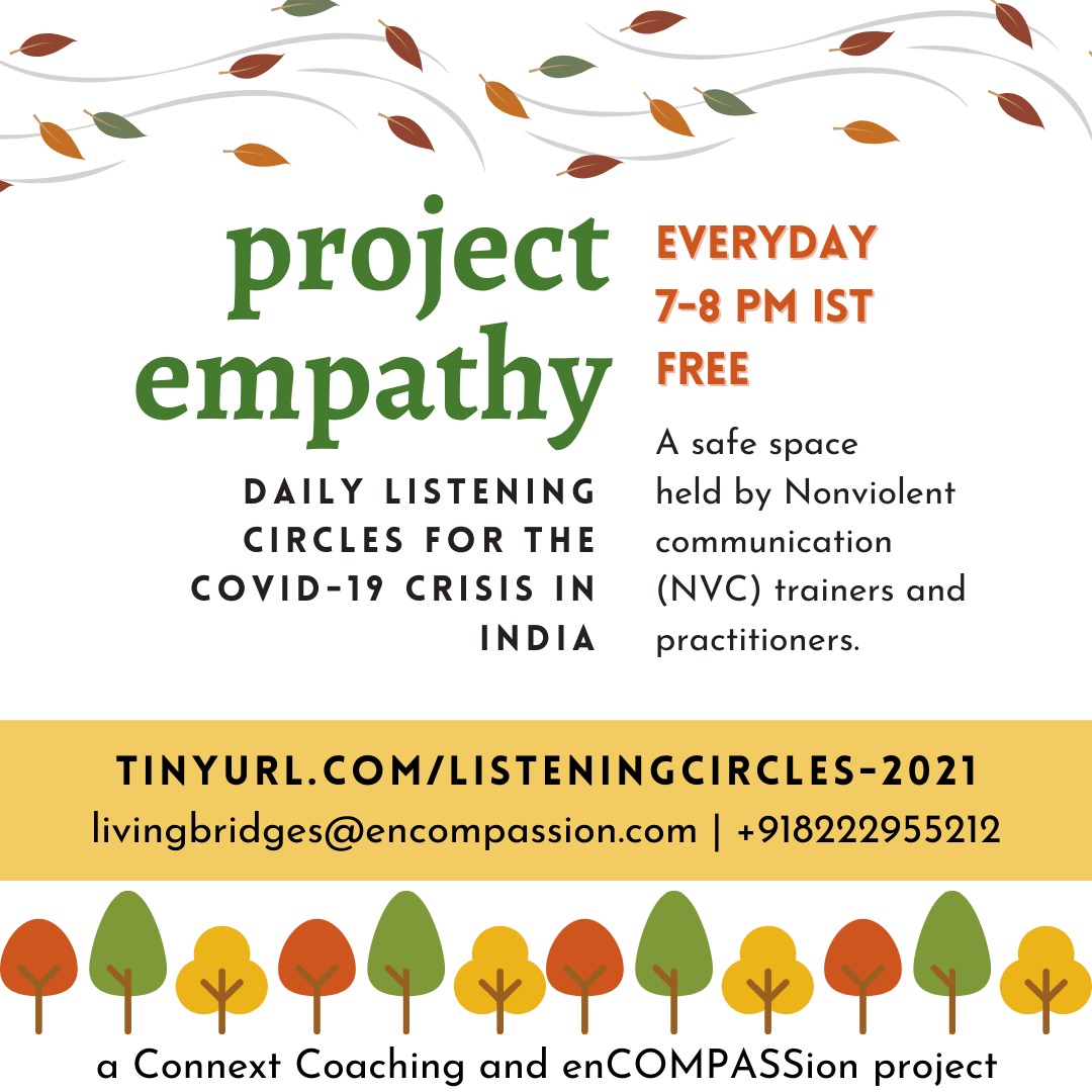 A reminder to join us: 7.00-8.00pm IST | Free of cost | Daily -- a safe community listening space, with collective or 1-1 empathy/listening support for the #Covid19crisis in India.
Register: tinyurl.com/listeningcircl…
OR email livingbridges@encompassion.com 
#empathymatters