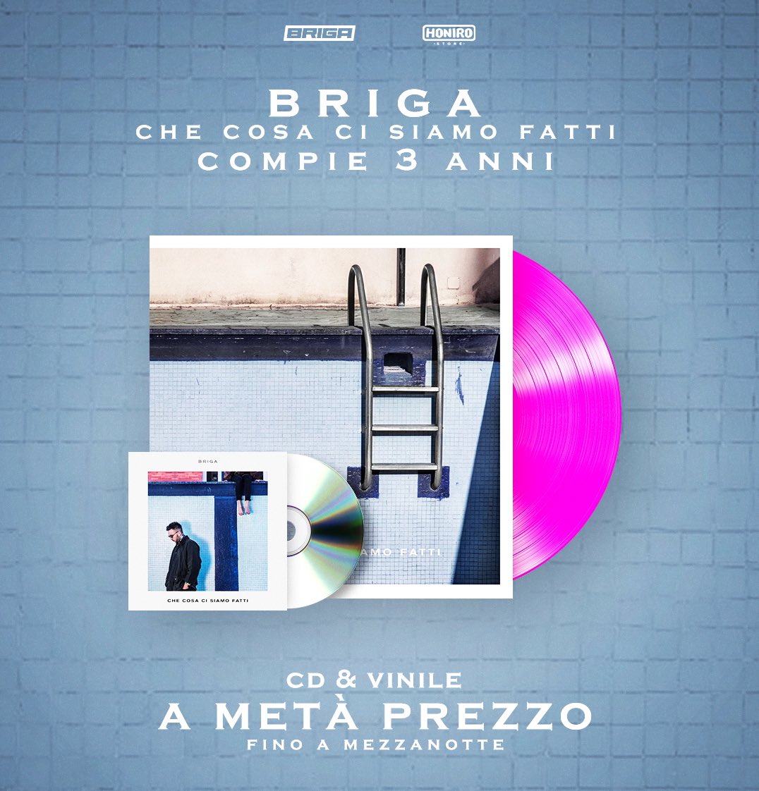 Oggi, 3 anni fa, usciva ‘Che Cosa Ci Siamo Fatti, il mio ultimo lavoro in studio, probabilmente il progetto discografico a cui tengo di più. 
In occasione di questa ricorrenza c’è una promozione su CD e vinile qui 👇🏻

honirostore.com/p/briga-che-co…

#cccsf 🎂 +3️⃣