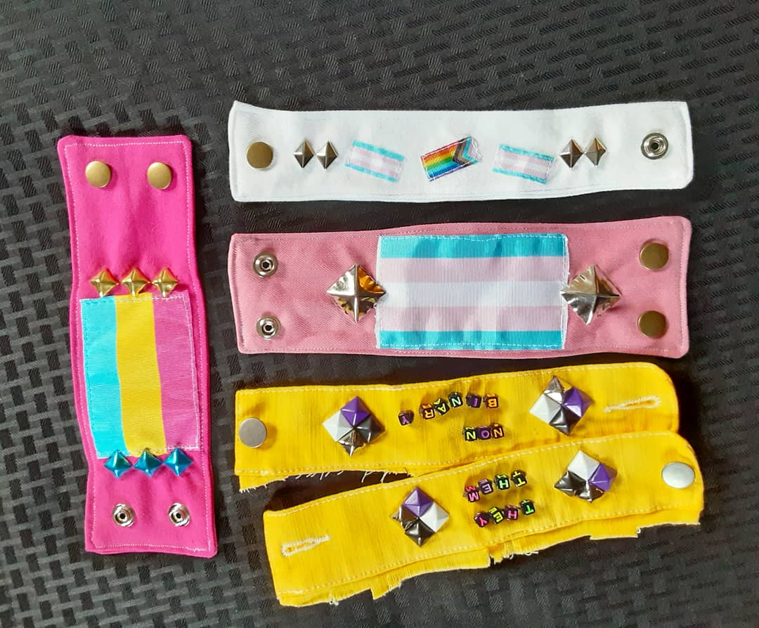 KatSewing's tweet photo. Made PUNK PRIDE WRISTBANDS! #nonbinary #pansexual #PrideMonth2021 #pride #SupportSmallBusinesses https://t.co/lQgP3Wn9mU