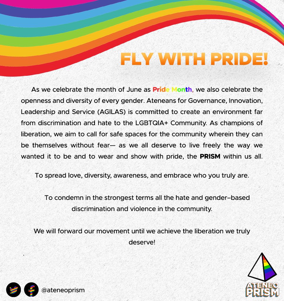 AteneoPrism's tweet photo. READ | Official Statement of Ateneo PRISM
#FlywithPride! #WearYourColor
#TransLivesMatter #SOGIEEqualityNow
#SharewithPride https://t.co/mGmuMgXqXX
