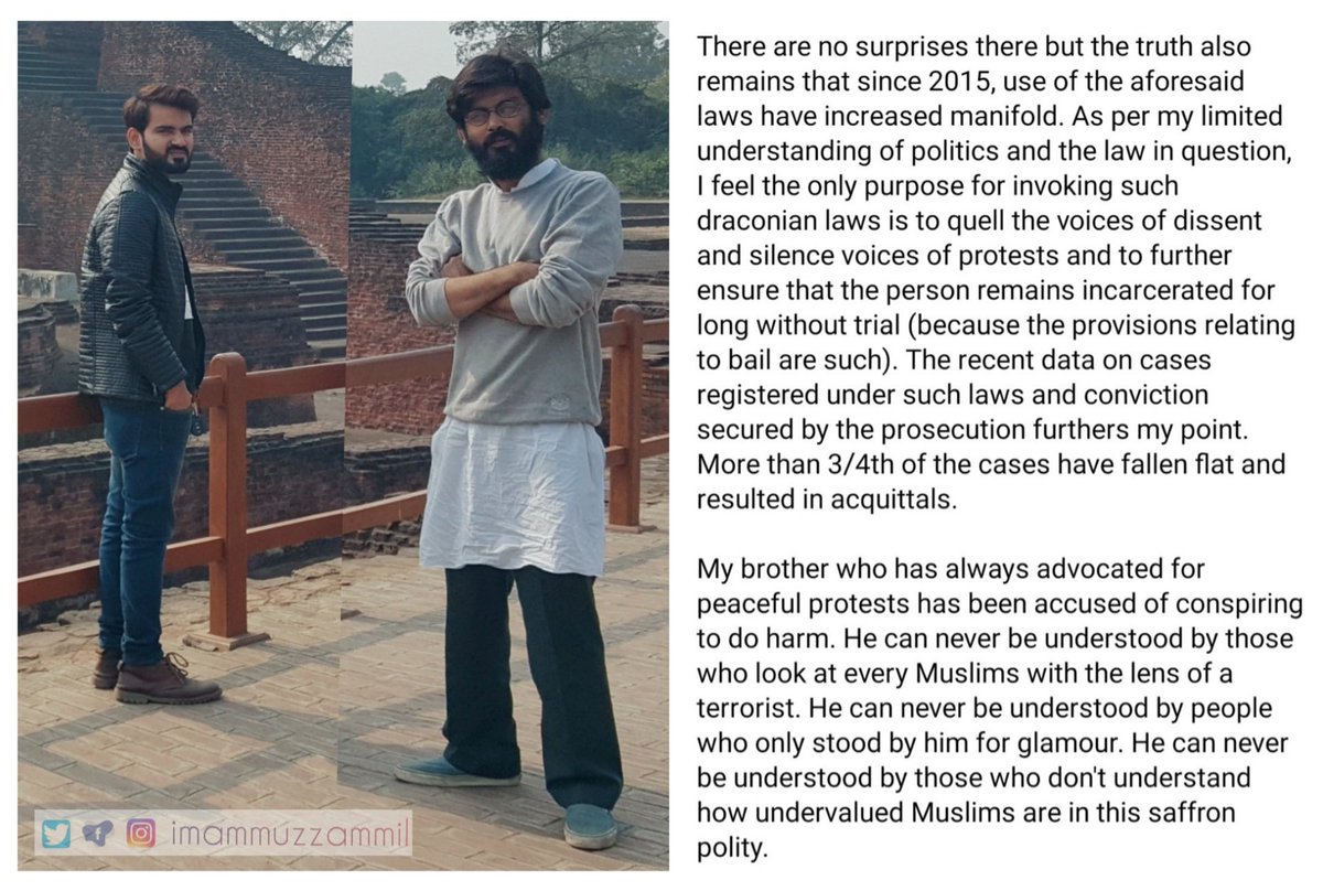 imammuzzammil's tweet photo. Today, on my brother Sharjeel's birthday, who has spent over 16 months in prison on the whimsical invocation of draconian laws like Sedition and UAPA, we see how Muslim lives are so frequently wasted under the cloud of the BJP government.
#SharjeelImam #FreeAllPoliticalPrisoners https://t.co/aaxFvcttAK