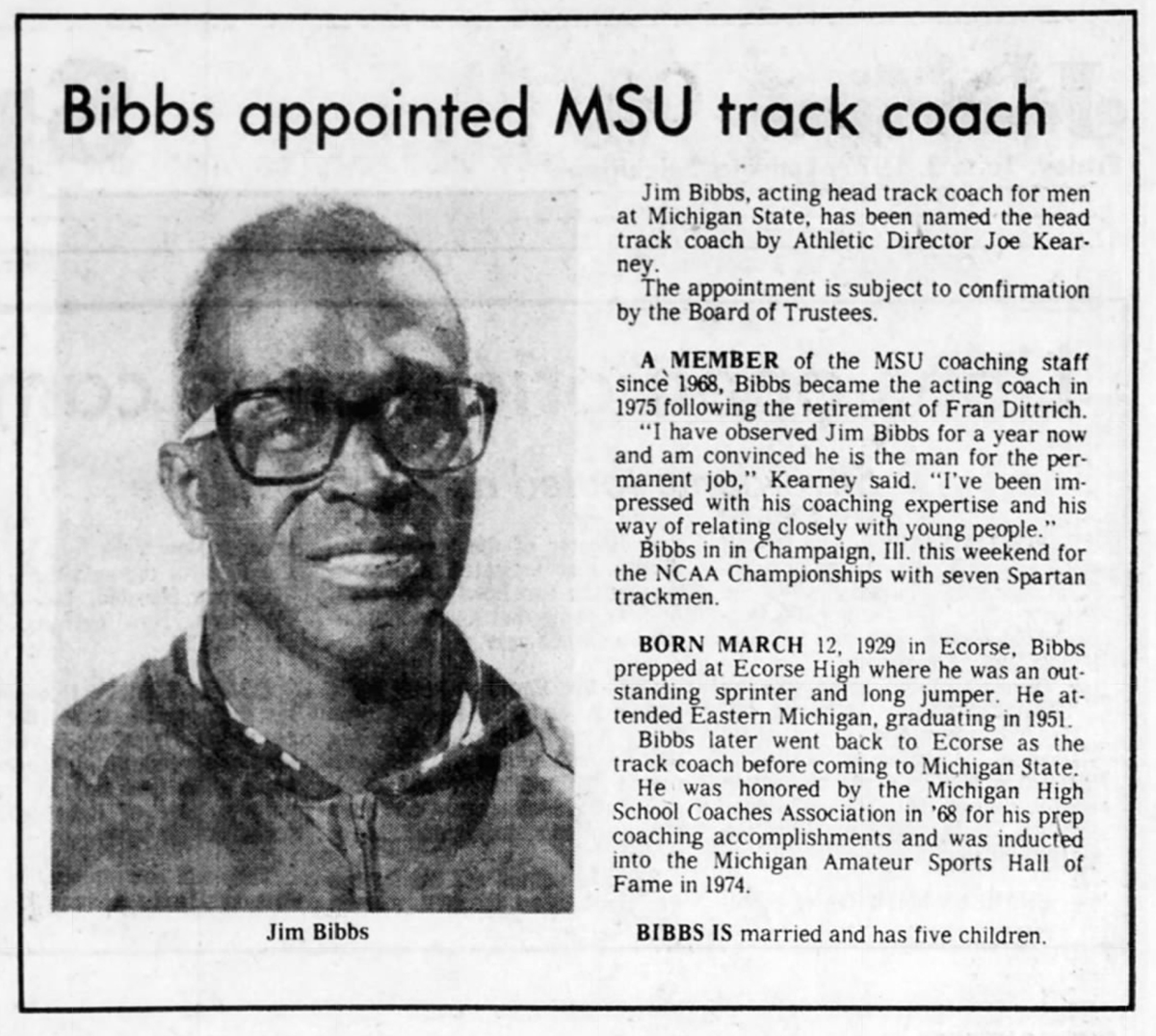 Spartifactsmsu's tweet photo. Forty-four years ago today, Jim Bibbs was named as @michiganstateu 's very first African American head coach, assuming direction of the @MSUTrackFieldXC program. Since then, he's been inducted into six different Halls of Fame. @Ecorseschools https://t.co/hIYcg8BKiT https://t.co/moaJEDYnQY