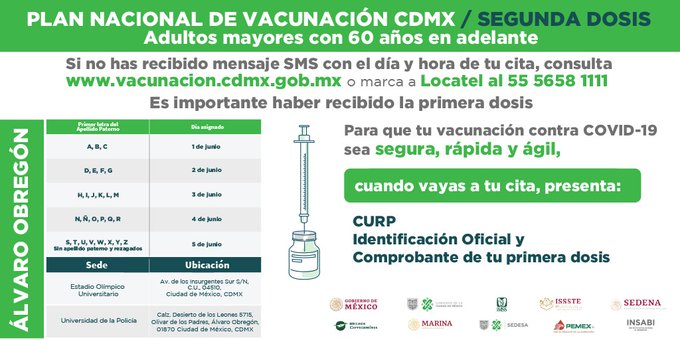 889Noticias's tweet photo. A partir de este martes, en la #CDMX se aplicará la 2a dosis de la vacuna contra el #Covid19 a adultos de 60 años y más residentes de las alcaldías: 

@AlcaldiaAO
@AlcCuauhtemocMx
@BJAlcaldia  

oh  

📷 @GobCDMX https://t.co/3rOMo73hNl