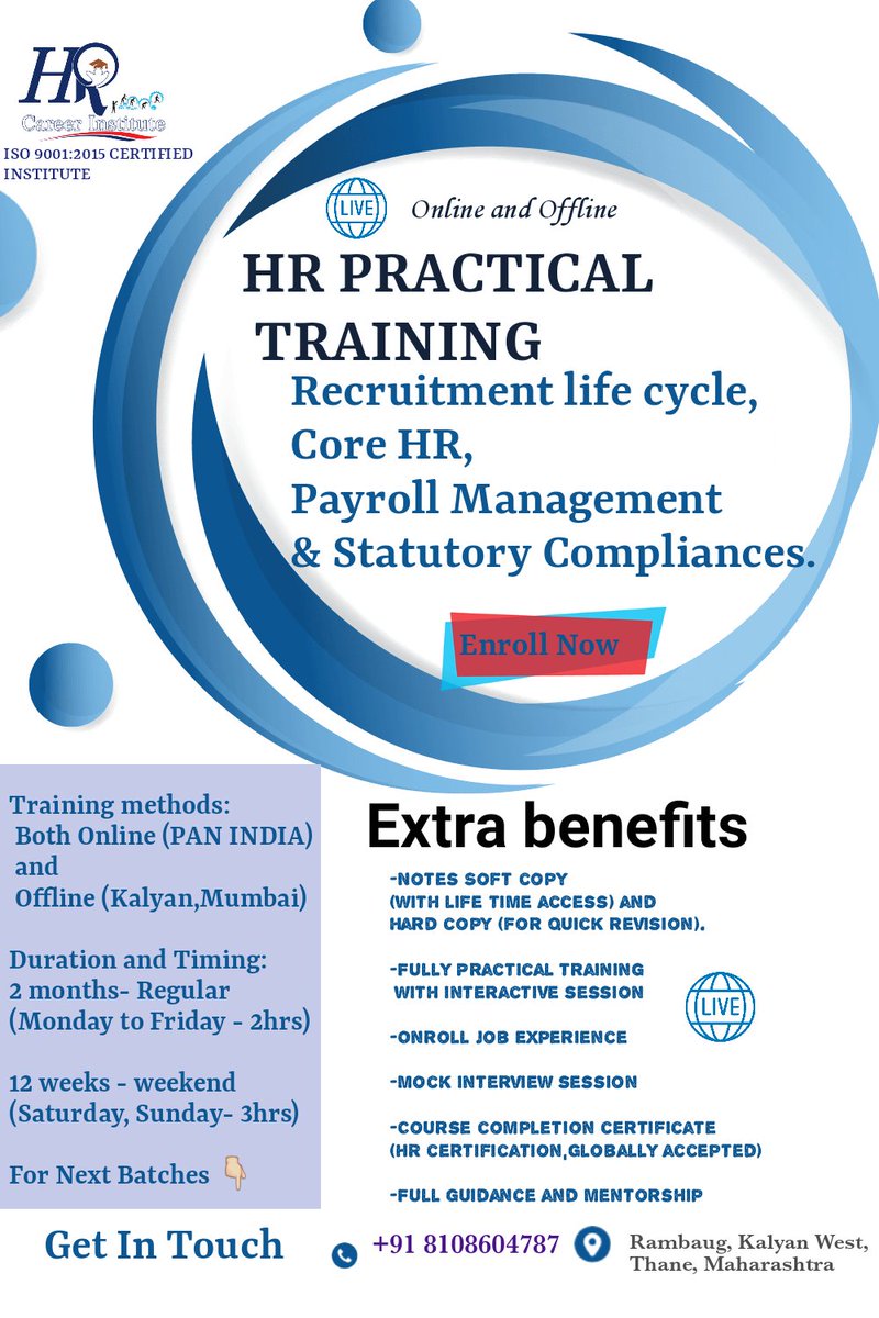 #hrcareerinstitute #HR #HRpracticaltraining #HRcertification #HRjobs #Onlinetraining #OfflineTraining 
Contact HR Career Institute (an ISO 9001:2015 certified institute) for HR Practical Training on 
+91 8108604787
Website -www.hrcareerinstitute.com