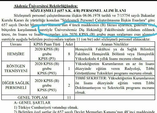 Akdeniz Üniversitesi Diş Hekimliği Fakültesi personel alımı yapıyor ve ne ilginçtir ki Ağız ve Diş Sağlığı Teknikeri alınmıyor. Yerimize başka branşlardan  alım olacaksa kapatın bölümü okumayalım. Yazık.. çok yazık.. emeklerimize yazık..
<a href="/ozlenenozkn/">Prof.Dr. Özlenen Özkan</a> 
<a href="/Akdenizun/">Akdeniz Üniversitesi</a> 
<a href="/drfahrettinkoca/">Dr. Fahrettin Koca</a>