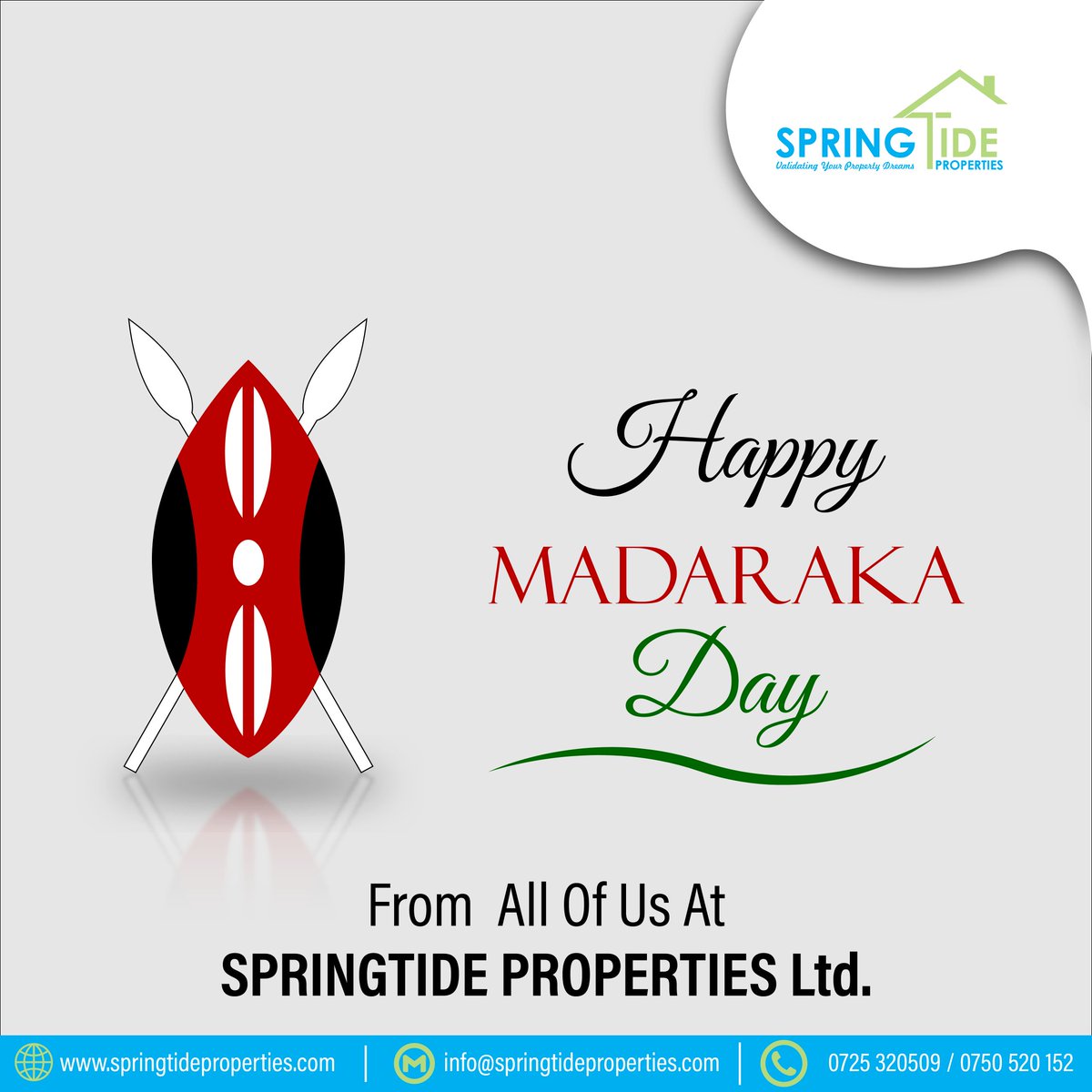 SpringtideProp's tweet photo. From all of us at Springtide Properties, we wish you and your family a Happy Madaraka Day!

https://t.co/WBDnY1XRpm

0725 320 509 / 0750 520 152 info@springtideproperties.com

#HappyMadarakaDay #MadarakaDay2021 #springtideproperties #propertymanagement #property #realestate https://t.co/S9CatmC0TL