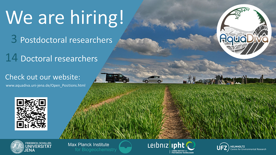 CRC_AquaDiva's tweet photo. We are hiring! (Please RT)
@CRC_AquaDiva offers 17 #PhD and #postdocjobs positions in natural sciences for #CriticalZoneResearch: #biology #chemistry #geosciences #physics and #informatics.
Please visit https://t.co/6nQuPnOARK!
@UniJena @MPI_BGC @UFZ_de @Leibniz_IPHT https://t.co/lGjTiH00xF