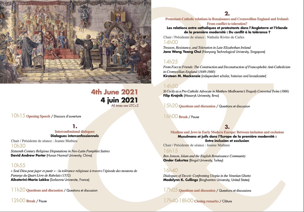 Jeann_Ma's tweet photo. Let's talk about Religious Dispute and Toleration in Early Modern Literature and History on 4 June! Here is the conference programme. Please register via email. #theatre #renaissance #earlymodern https://t.co/8EWBdN5UmH