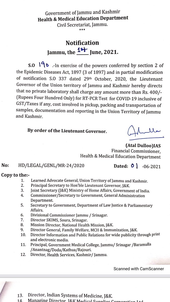 #Covid_19 : Jammu and Kashmir Government fixes Rupees 400 as charges of RTPCR tests at private Laboratories. 

#Kashmir 
#COVIDEmergency2021 
#COVIDSecondWave
