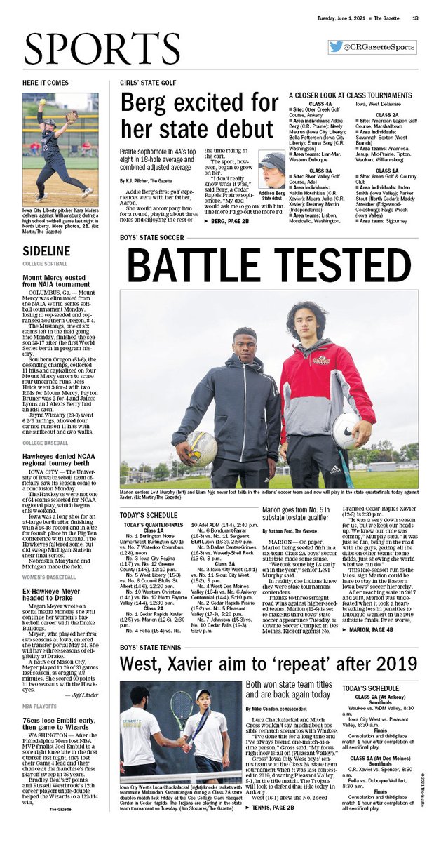 CRGazetteSports's tweet photo. 📰 Sports cover for Tuesday, June 1, 2021

Berg excited for her state debut:
https://t.co/q7ff0xUvZ5

𝗕𝗔𝗧𝗧𝗟𝗘 𝗧𝗘𝗦𝗧𝗘𝗗
Marion goes from No. 5 in substate to state qualifier:
https://t.co/2rdT92vcJn

West, Xavier aim to 'repeat' after 2019:
https://t.co/Eyayd9BbKl https://t.co/AbHFS0ZO9g