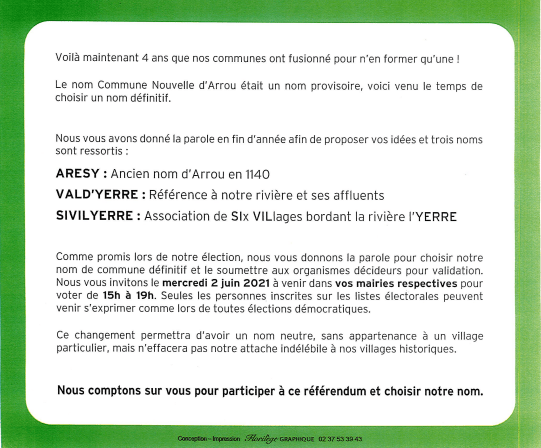 Ellibec's tweet photo. Demain, les habitants de Commune nouvelle d'#Arrou décideront par #référendum du futur nom de leur commune
Ils auront à choisir entre trois noms : Aresy (référence historique), Vald'Yerre (référence géographique) et Sivilyerre (néologisme)
Le vote aura lieu dans l'après-midi https://t.co/bOAHi6osqA
