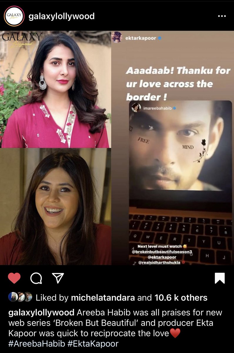 Popular Pakistani actress #AreebaHabib shared about #BrokenButBeautiful3 and Ekta ma’am acknowledged her IG story.
This was also covered by a popular media page!

If you already haven’t plz Save, Share, Like & Comment on the post at the link below.

#SidharthShukla #AgastyaRao
