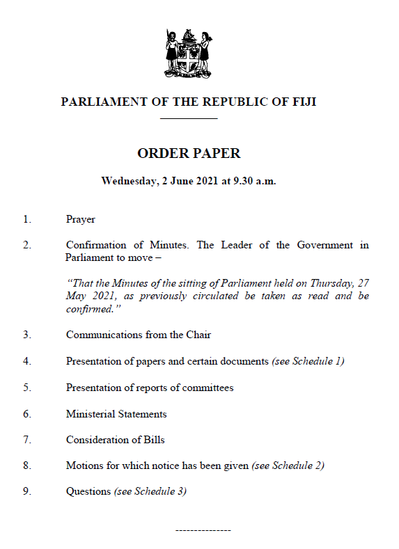 fijiparliament's tweet photo. Order of Business @fijiparliament, Wed 2-06-21 -
#TeamFiji #FijiNews #fijiparliament 
@fijitimes @FBC_News @sun_fiji @FijiOneNews @maitvfiji @fijivillage @IBIupdate @fijilive_news https://t.co/vNT713ieOR