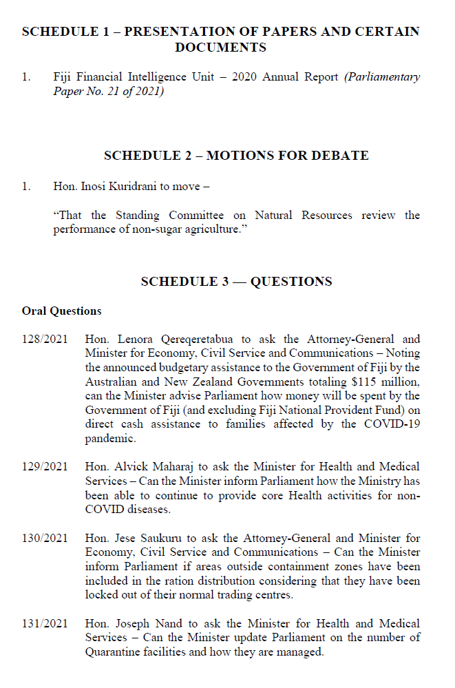 fijiparliament's tweet photo. Order of Business @fijiparliament, Wed 2-06-21 -
#TeamFiji #FijiNews #fijiparliament 
@fijitimes @FBC_News @sun_fiji @FijiOneNews @maitvfiji @fijivillage @IBIupdate @fijilive_news https://t.co/vNT713ieOR