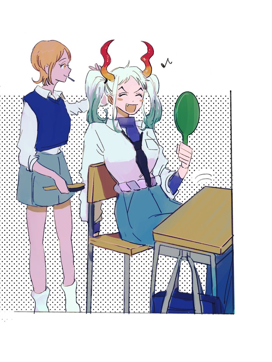 sanji (one piece) ,yamato (one piece) toast in mouth 1girl green hair horns multiple boys food toast  illustration images