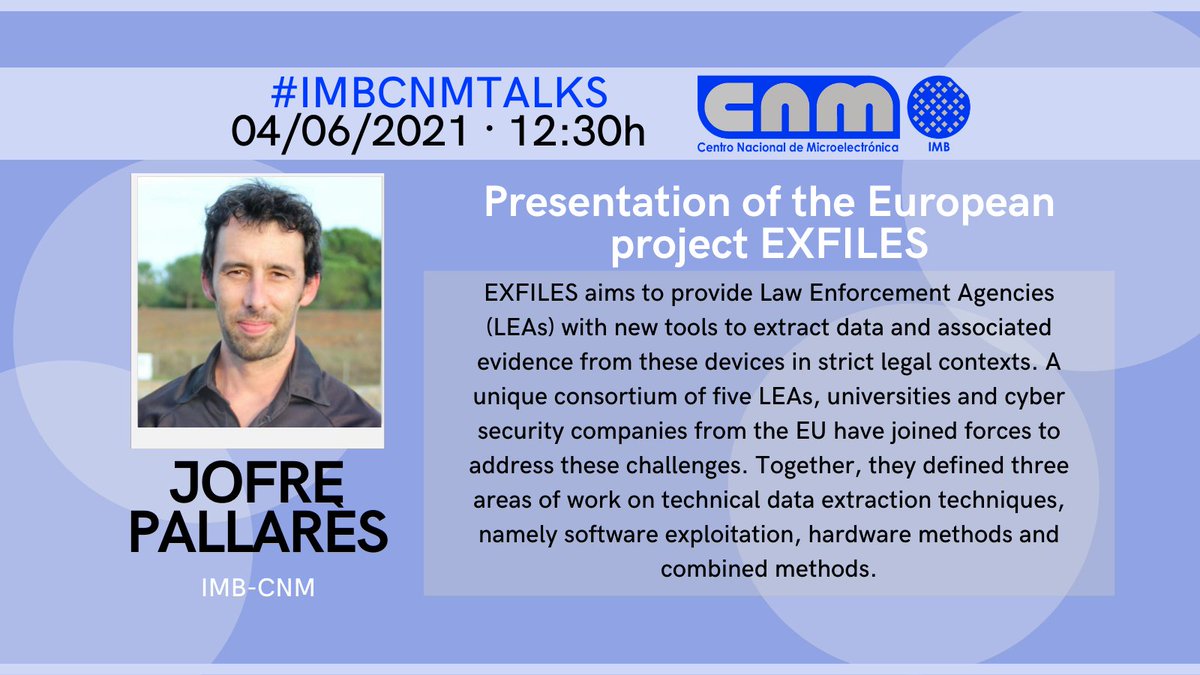 imb_cnm's tweet photo. 📢📢 We have a new #IMBCNMTalks happening this Friday! It will be about @EXFILES_H2020, the @EU_H2020 funded project.

🗣️ Jofre Pallarès will be in charge of explaining all about IMB-CNM's involvement.
📆 Friday, 04/06.
⏰ At 12:30h.

👉https://t.co/UwCG5X4Xkm https://t.co/LSXxJbjeDq