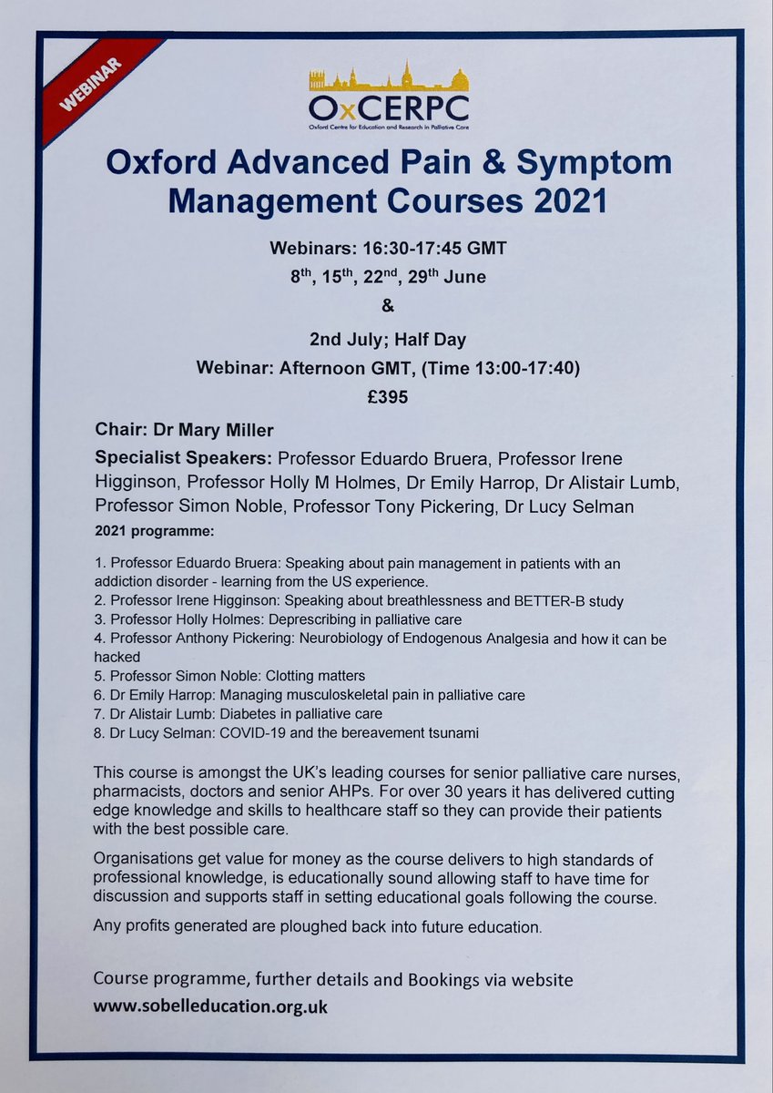 KateButcher18's tweet photo. One week to go until this year's Oxford Advanced pain &amp; Symptom Management course starts - it's not too late to book! https://t.co/gGNbQV9VFb