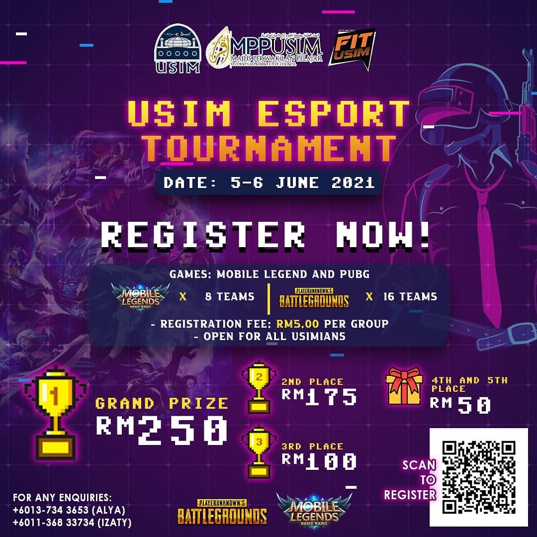 FitUSIM's tweet photo. USIM ESPORTS TOURNAMENT🥇
🔥Open to all USIMians only. Join now and become the champion in USIM ESPORTS TOURNAMENT!🔥
🗓Date
5th of June 2021 (Mobile Legend)
6th of June 2021 (PUBG)
🎖Prizes
🏆Champion: RM250
🏆Runner Up:RM 175
🏆Second Runner Up: RM 100
🏆4th &amp; 5th Place:RM 50 https://t.co/m4vB8SV8PD