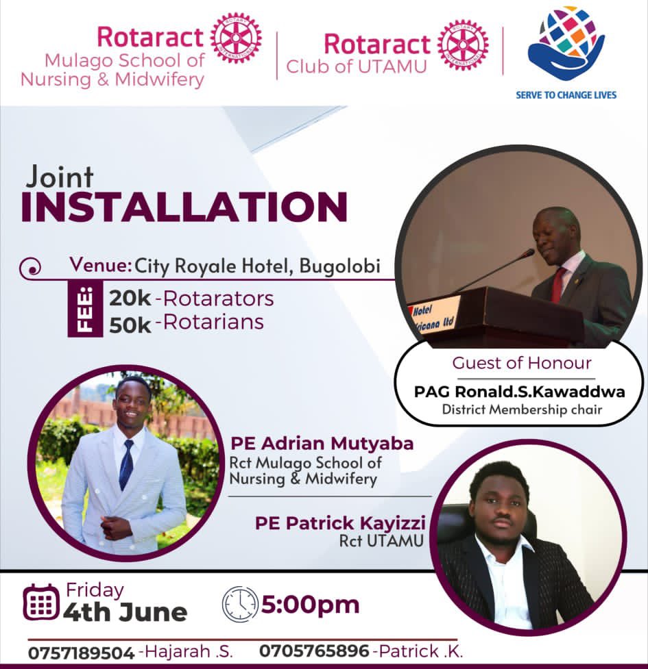 IamRUTAMU's tweet photo. This Friday, we shall be having transition of power together with our sister club @Multivitamins18 at City Royal Hotel in Bugolobi. Get your ticket at only 20k for Rotaractors and 50k for Rotarians. https://t.co/T95ksPWsDO
